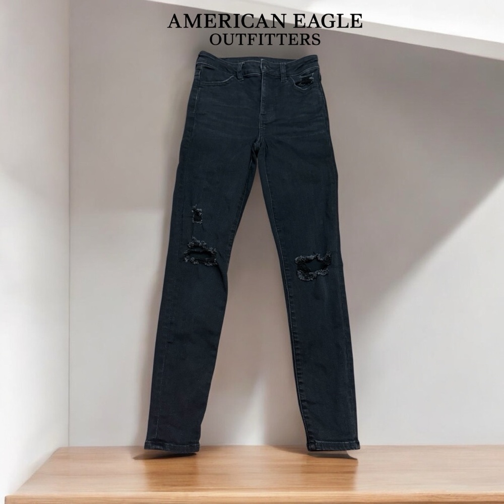 American Eagle, Black Ripped Denim Super Hi-Rise Jegging, Size 0